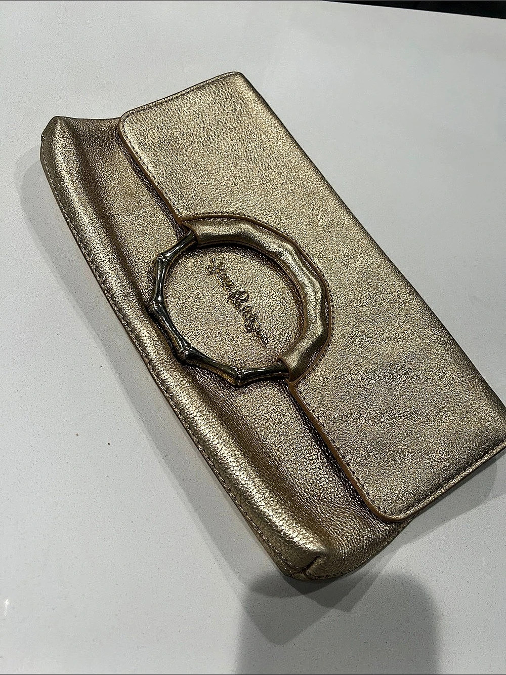 Lilly Pulitzer Metallic Gold Leather Malinda Clutch Metal Bamboo Magnetic